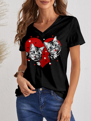 FAM-FAM Cat V-Neck Short Sleeve T-Shirt - PD SECRET REALM