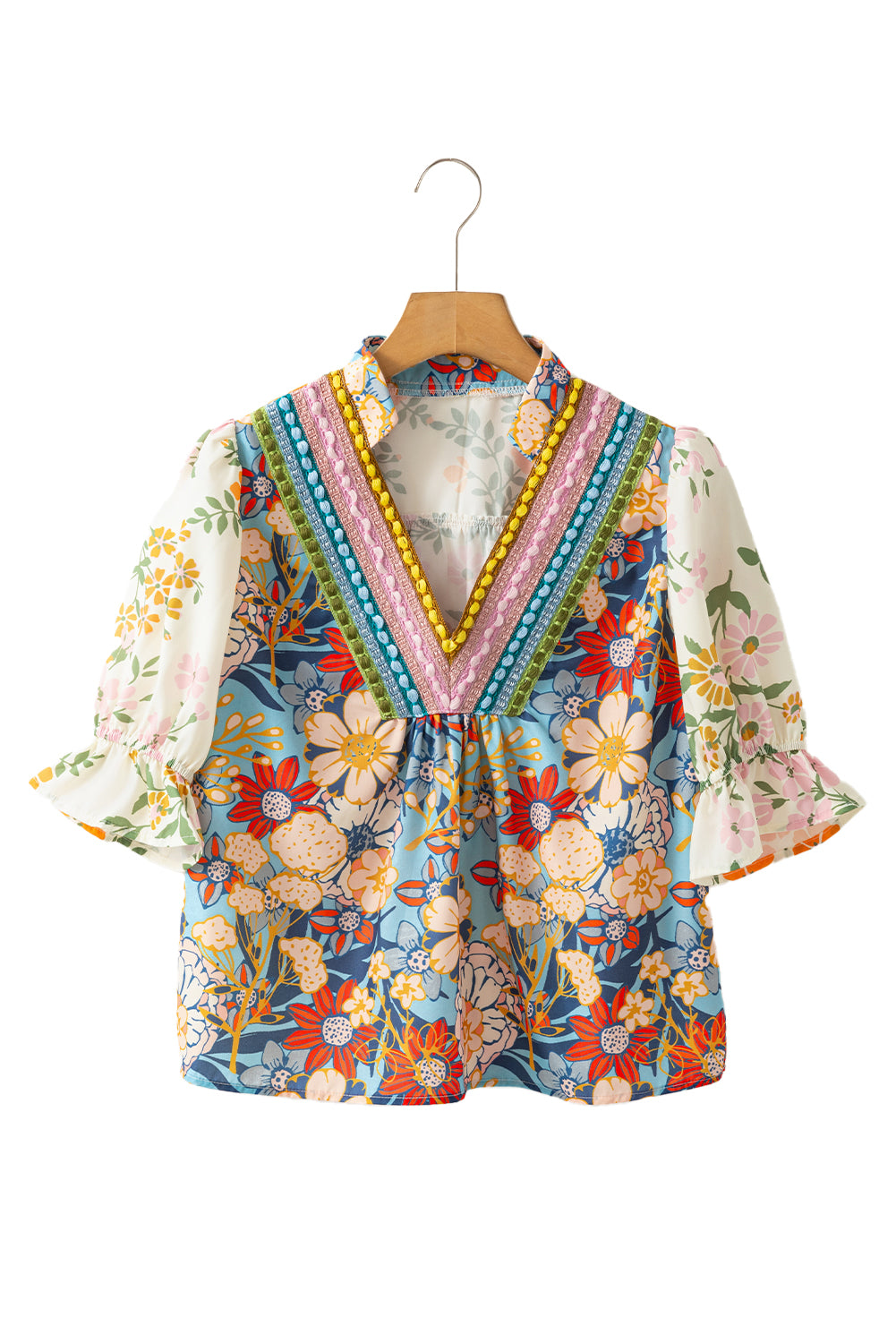 Multicolour V Neck Half Sleeve Boho Floral Blouse