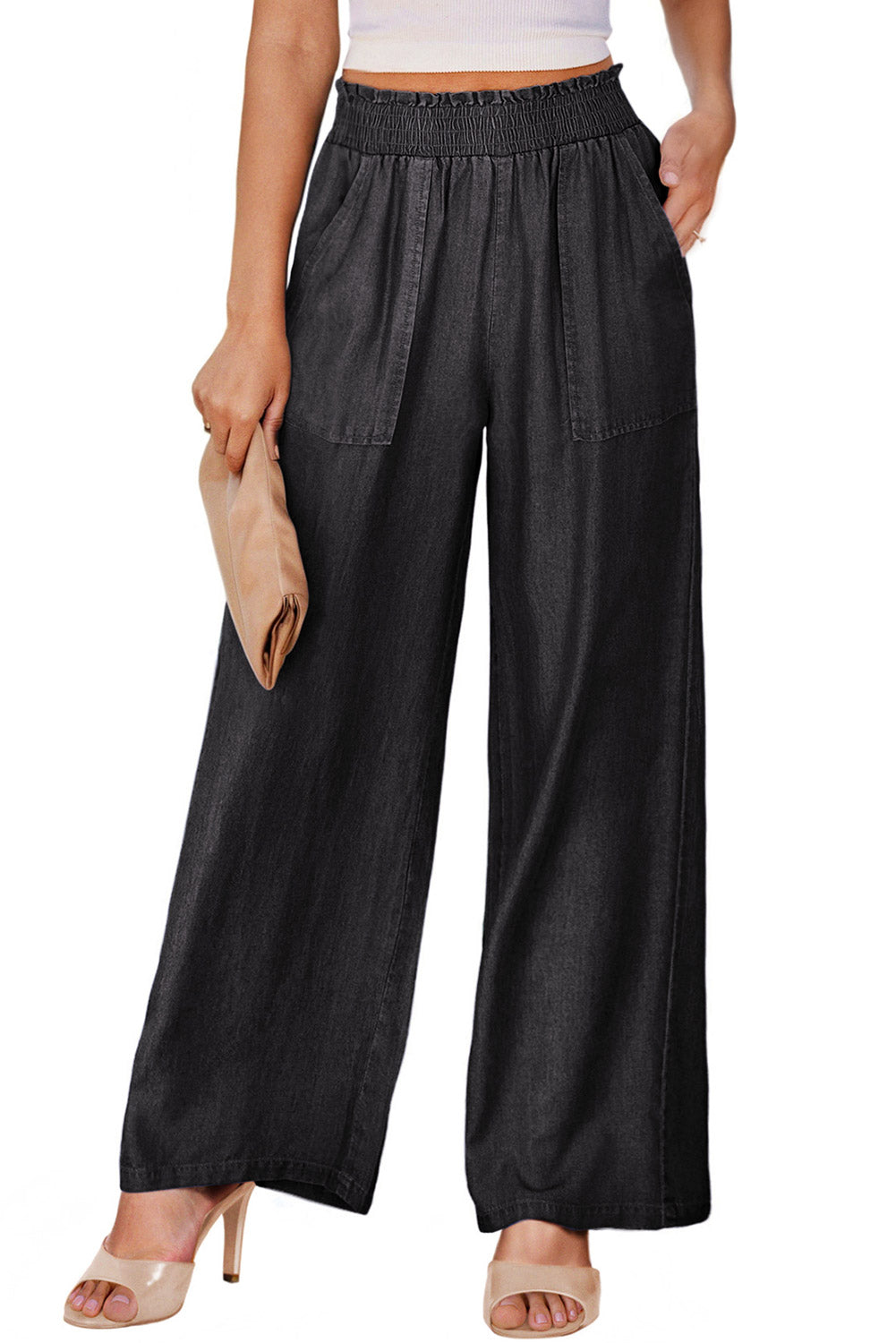 Black Side Pockets Frilled Smocked High Waist Wide Leg Jeans