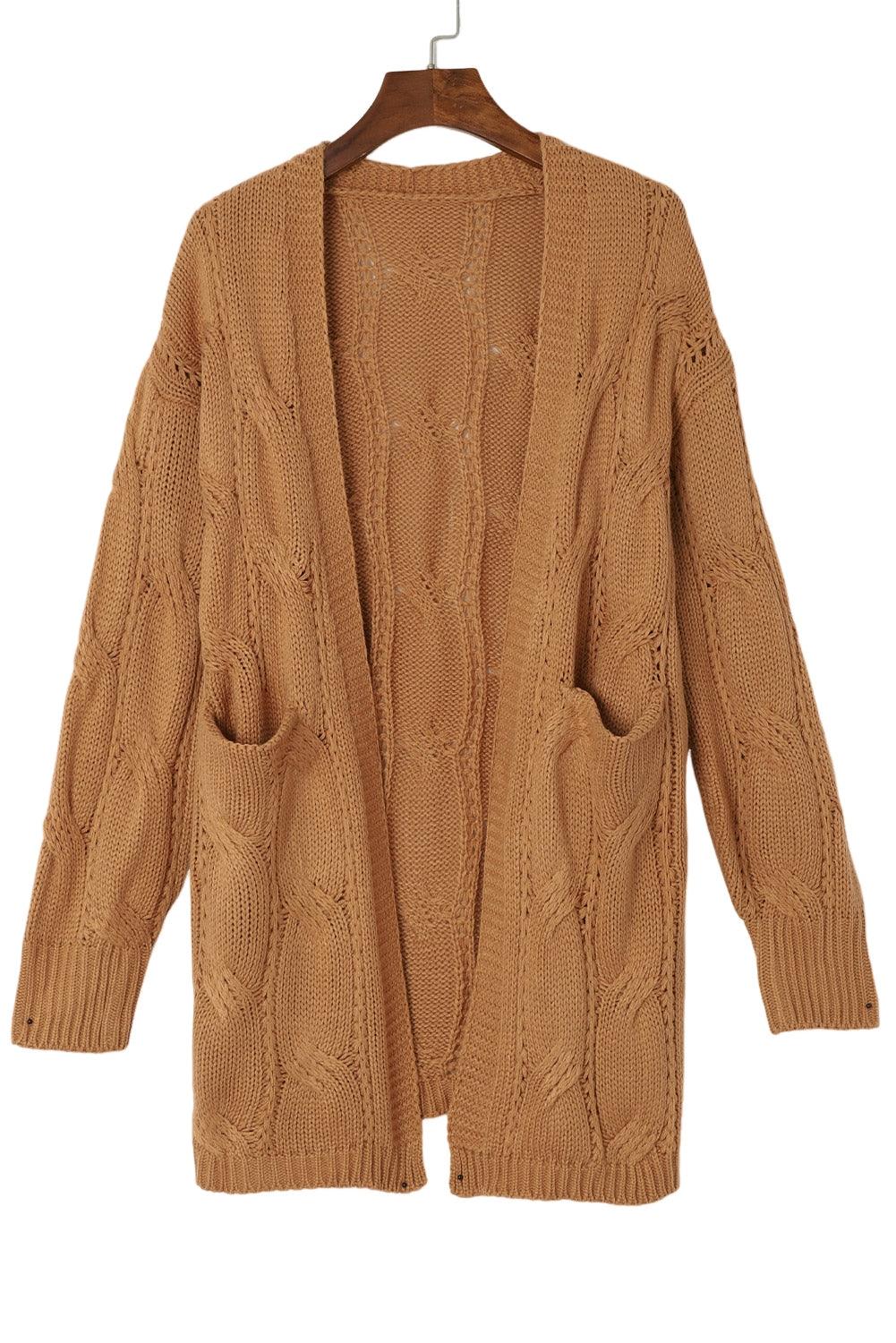 Khaki Ribbed Trim Hollow Knit Side Slits Cardigan