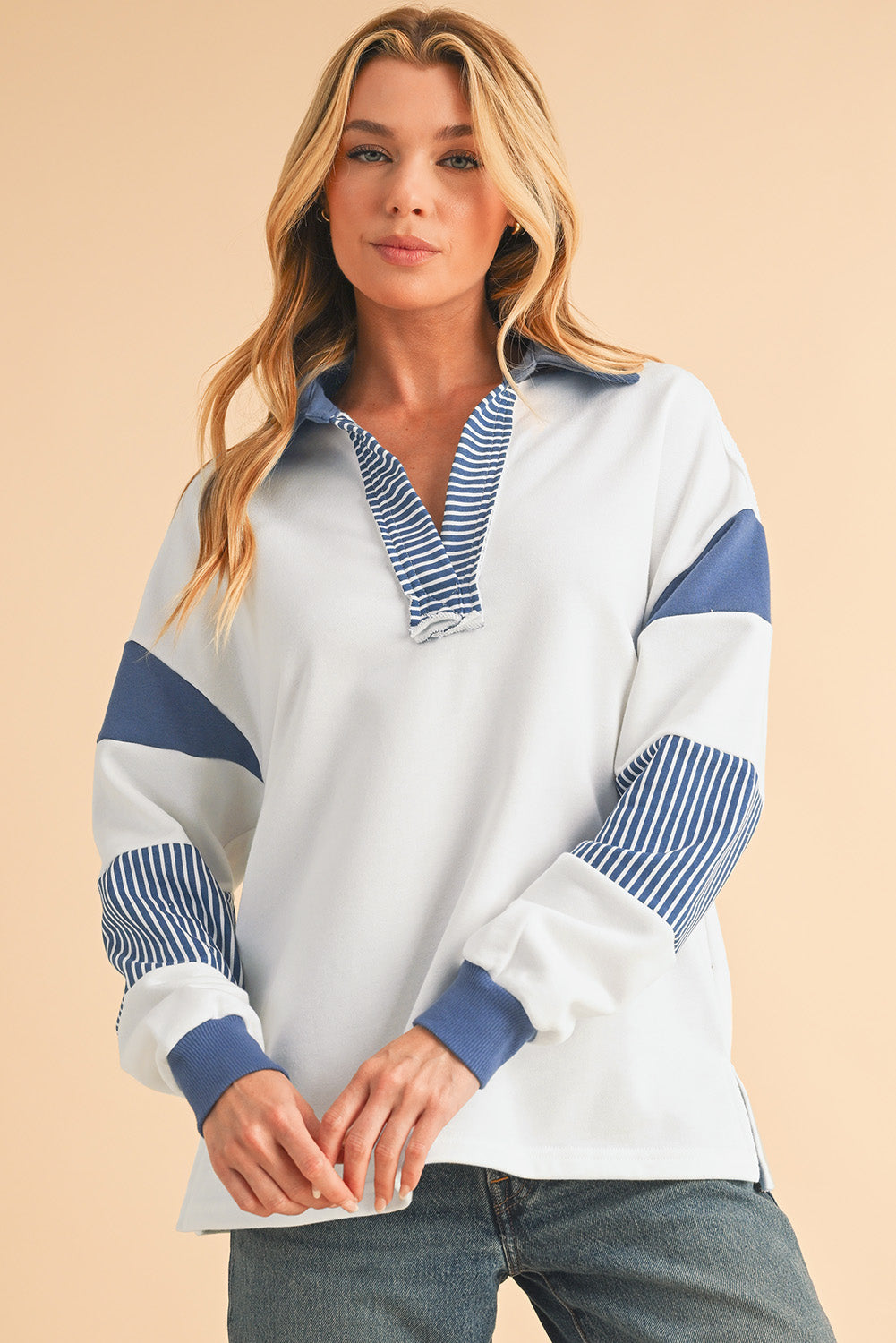 Sail Blue Striped Patchwork Collar Sweatshirt