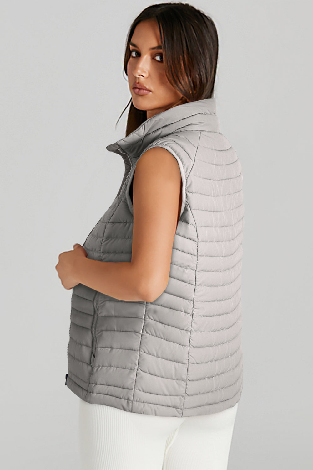 Burgundy Plush Collared Quilted Zipped Puffer Vest