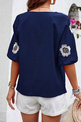 Navy Blue Embroidered Flower V Neck Elegant Half Sleeve Blouse