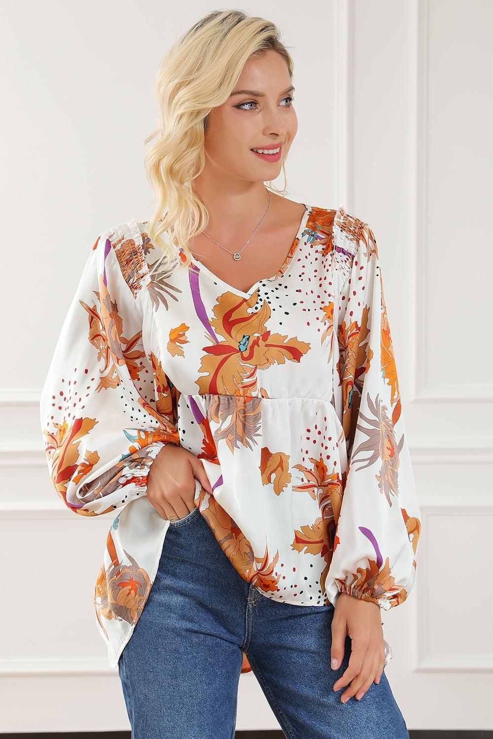 Printed V-Neck Smocked Balloon Sleeve Blouse - PD SECRET REALM