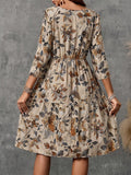 Printed Round Neck Three-Quarter Sleeve Dress - PD SECRET REALM