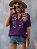 Embroidered Notched Short Sleeve T-Shirt - PD SECRET REALM