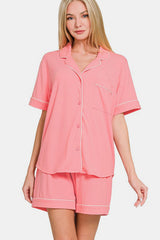 Zenana Button Down Short Sleeve Top and Shorts Lounge Set