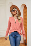 Buttoned Notched Neck Long Sleeve Top - PD SECRET REALM