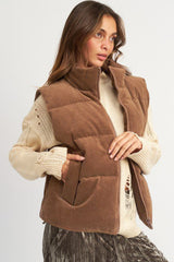 Coffee Solid Color Corduroy Puffer Vest Coat