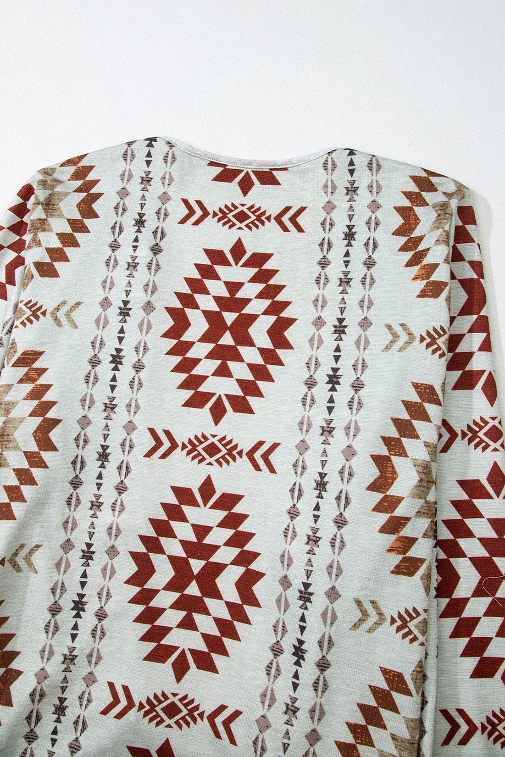 Brown Geometric Printed Open Front Long Cardigan