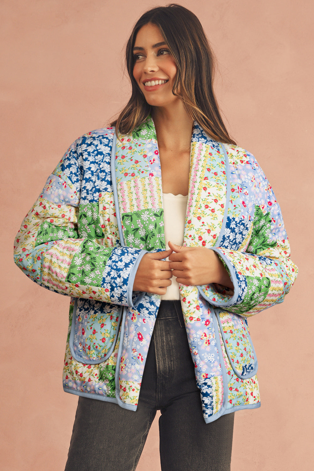 Multicolour Allover Floral Print Patchwork Coat