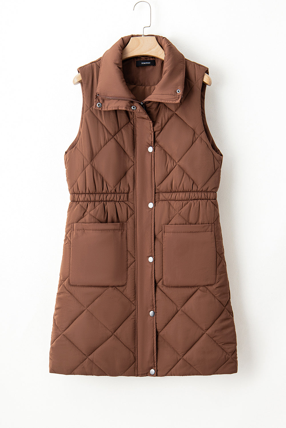 Black Puffer Quilted Stand Collar Pocketed Vest Coat