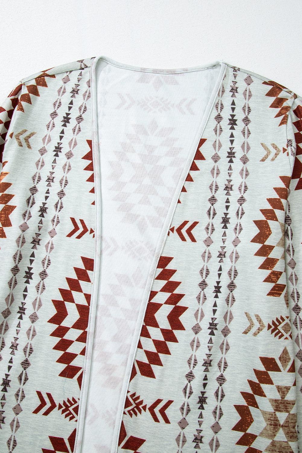 Brown Geometric Printed Open Front Long Cardigan