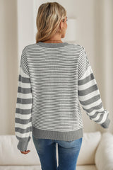 Gray Stripe Twisted Knitted Drop Shoulder Sweater