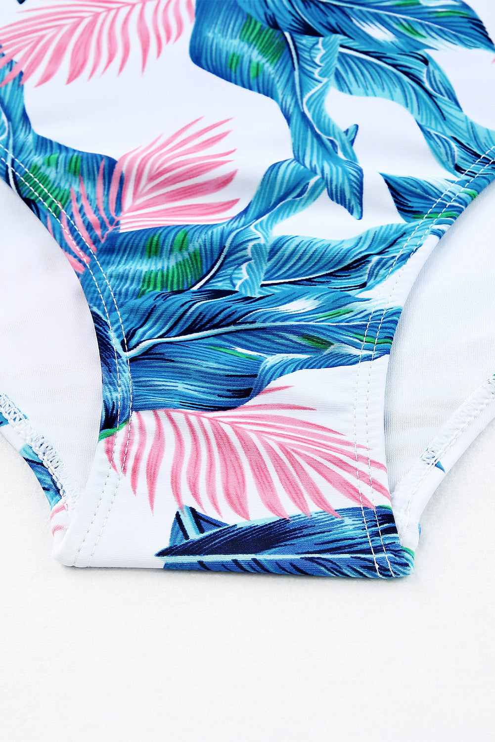 Blue Plant Print Zip Front Half Sleeve One Piece Swimsuit