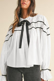 Ribbon Bowtie Collared Neck Flounce Sleeve Shirt - PD SECRET REALM