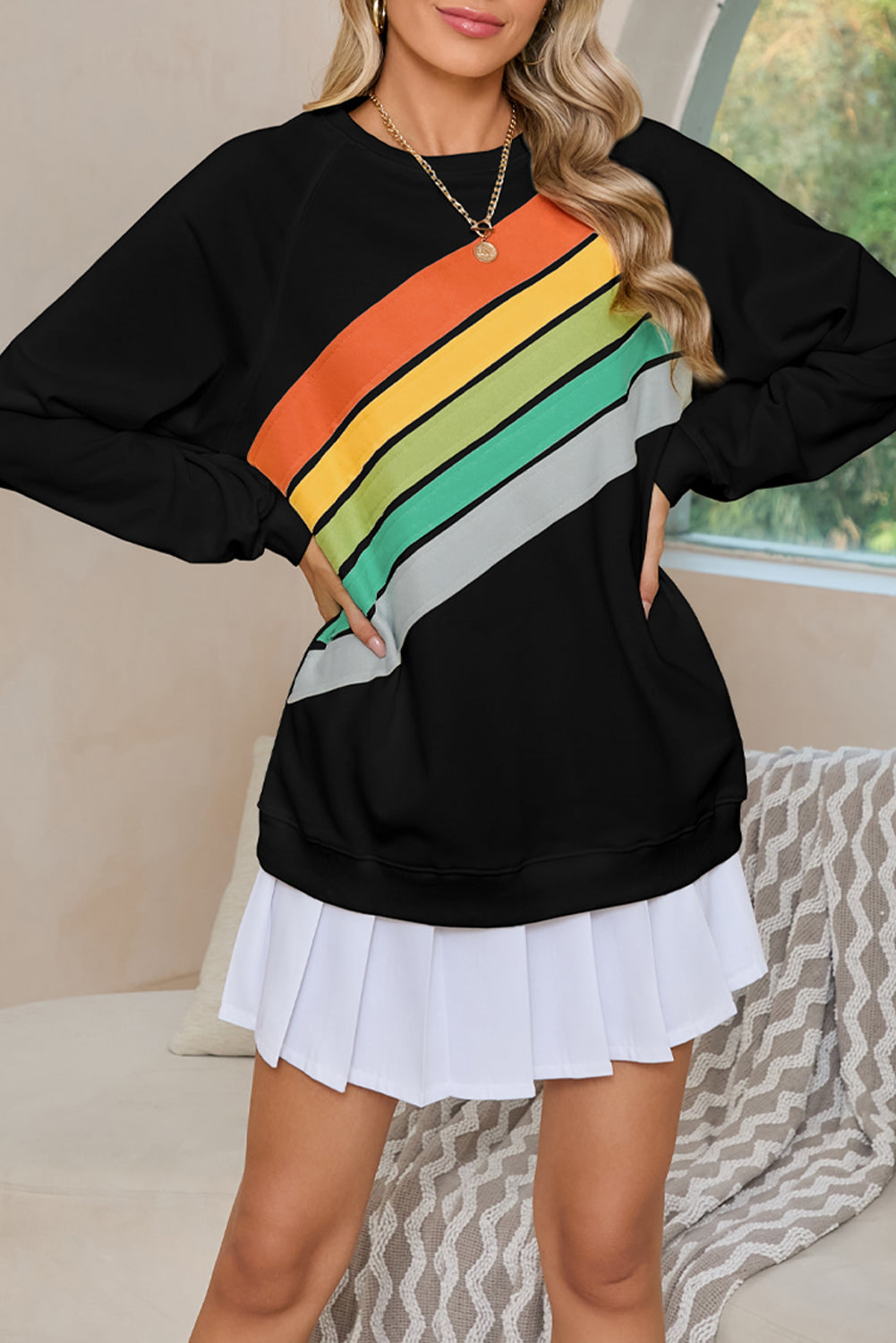 Black Rainbow Colorblock Pullover Sweatshirt