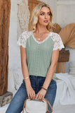 Eyelet V-Neck Lace Short Sleeve T-Shirt - PD SECRET REALM