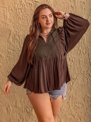 Plus Size Tie Neck Balloon Sleeve Blouse - PD SECRET REALM