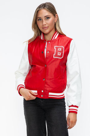 Love Me Now PU Leather Contrast Snap Down Bomber Jacket - PD SECRET REALM