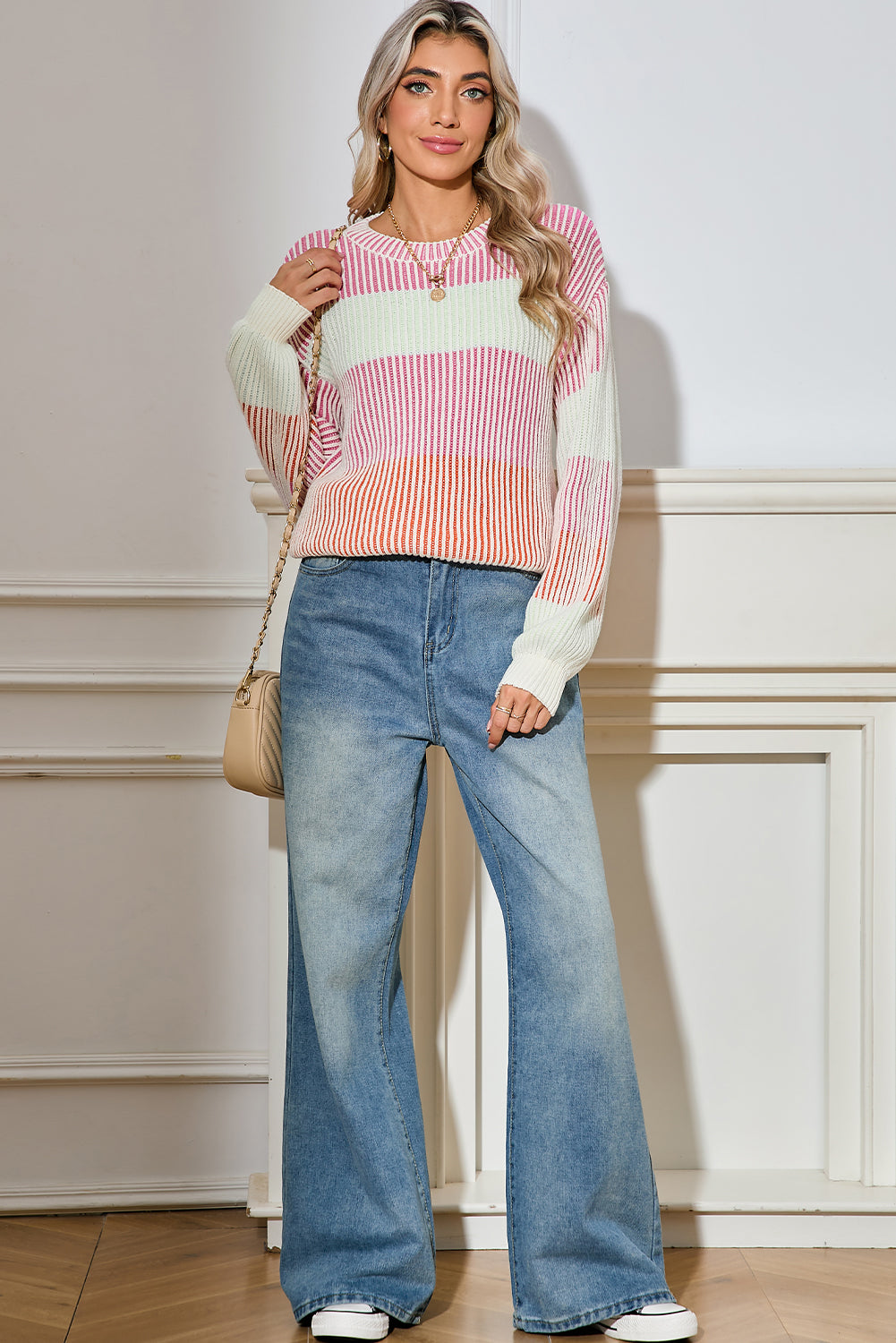 Pink Colorblock Lantern Sleeve Rib Knitted Sweater