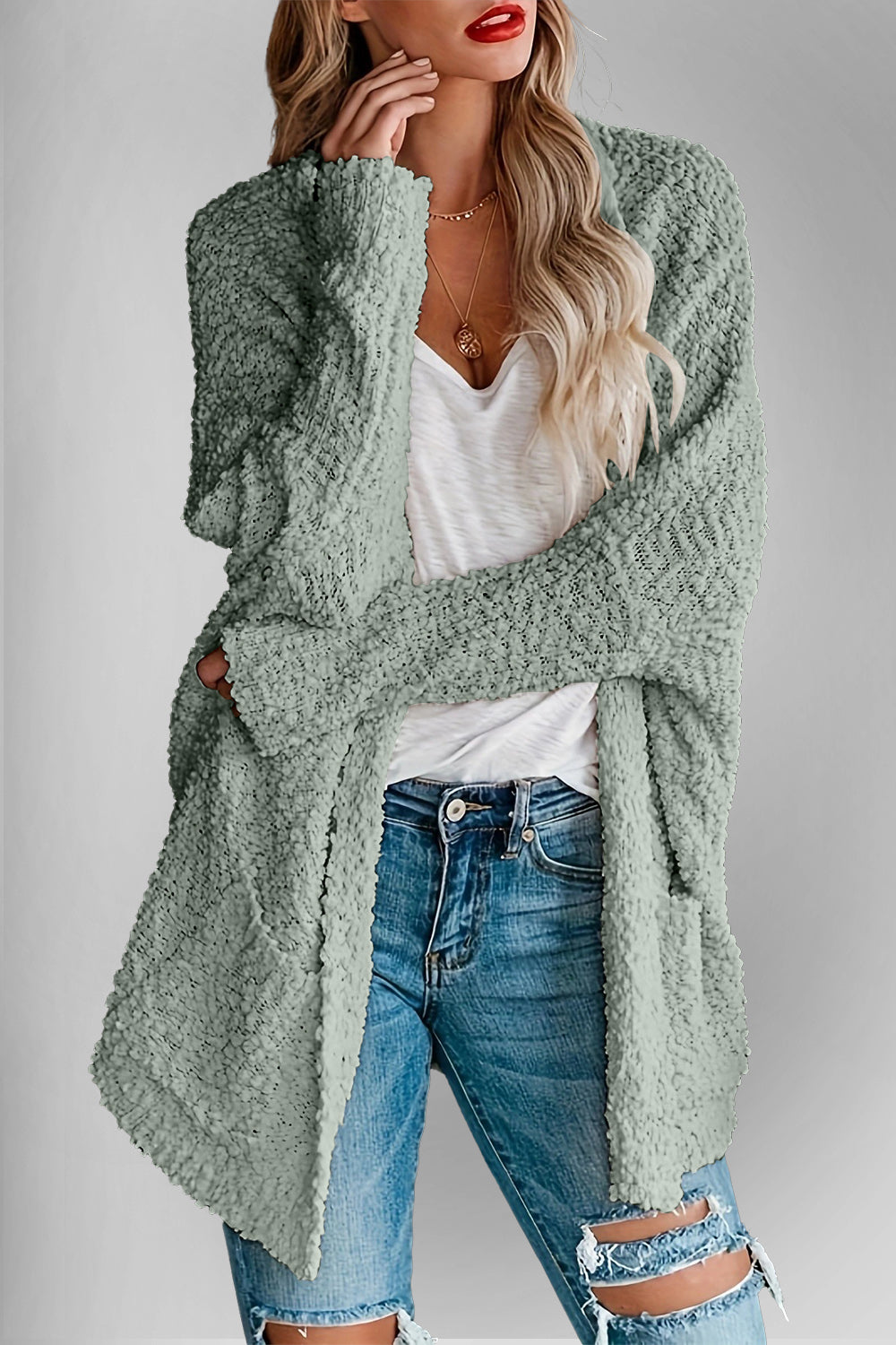 Pocketed Open Front Long Sleeve Cardigan