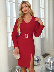 Slit V-Neck Long Sleeve Knee Length Dress - PD SECRET REALM