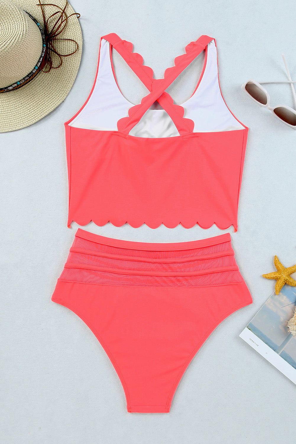 Red Scalloped Trim Criss Cross Contrast Mesh Two Piece Swimsuit