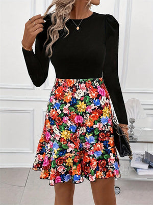 Floral Round Neck Long Sleeve Dress - PD SECRET REALM