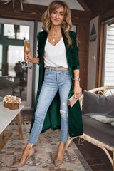 Green Velvet Elegant Pocket Open Front Long Cardigan