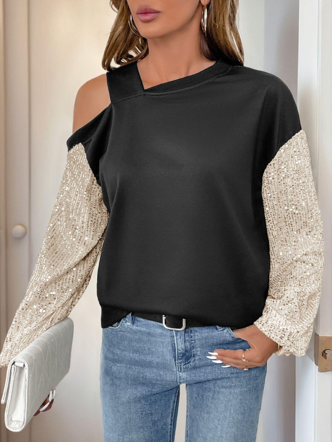 Perfee Sequin Asymmetrical Neck Long Sleeve Sweatshirt - PD SECRET REALM