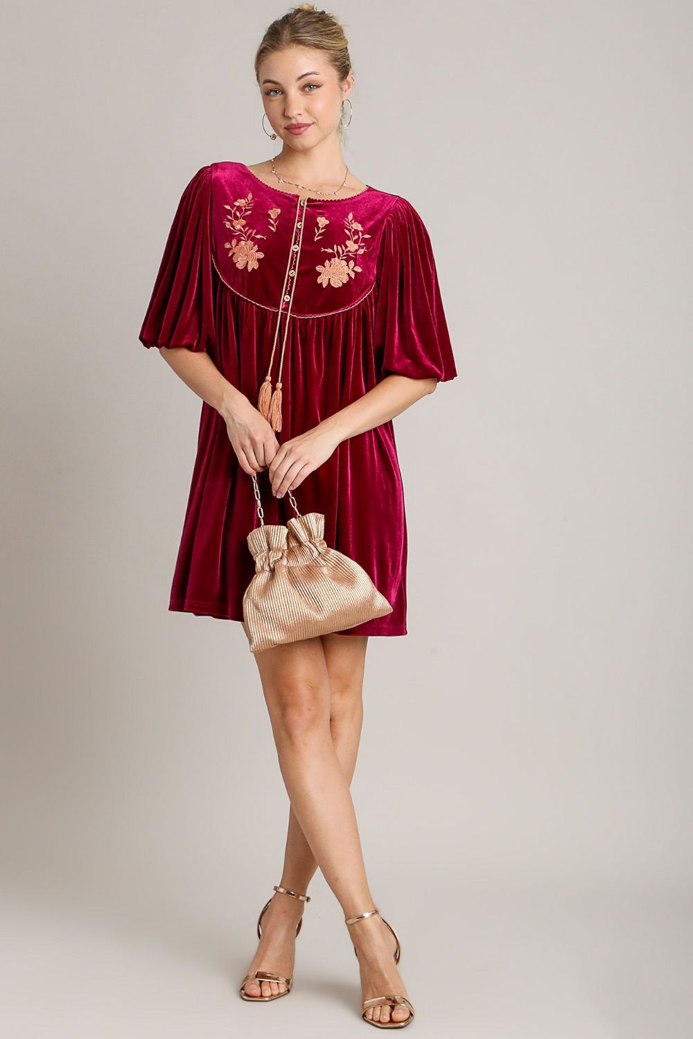 Embroidered Half Sleeve Velvet Mini Dress with Tassel