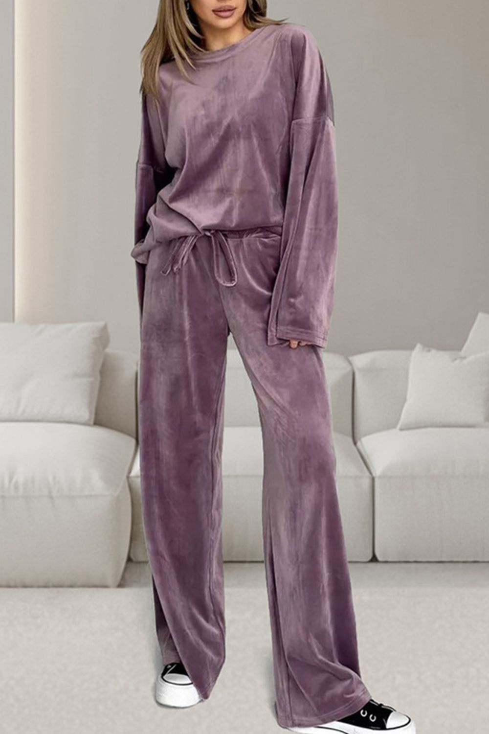 Buttery-Soft Round Neck Long Sleeve Top and Drawstring Pants Set