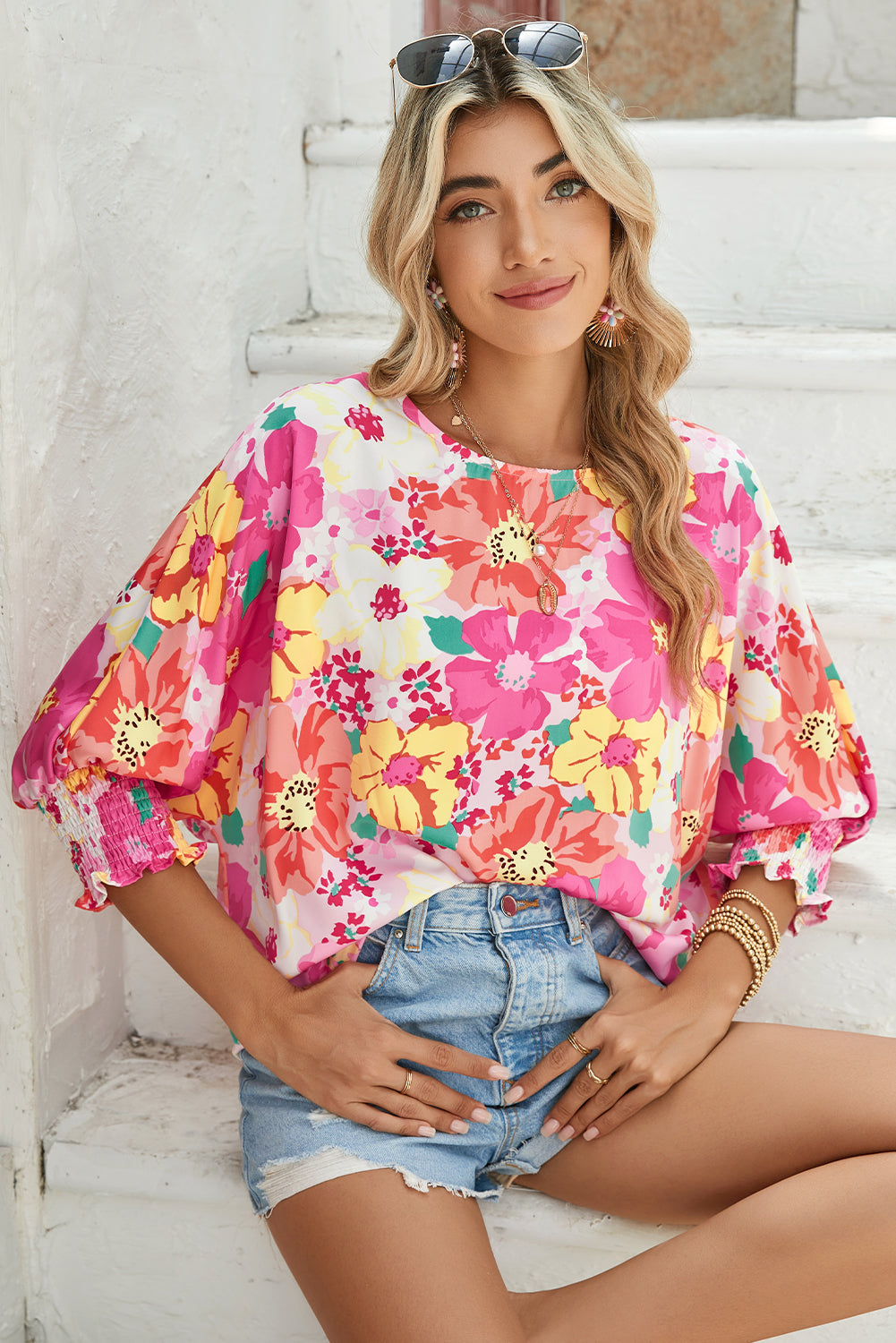 Pink Shirred Cuffs 3/4 Sleeve Boho Floral Blouse