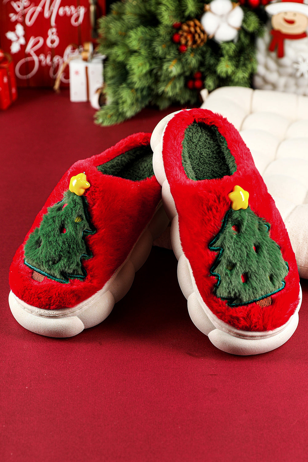 Fiery Red Christmas Tree Graphic Plush Slippers