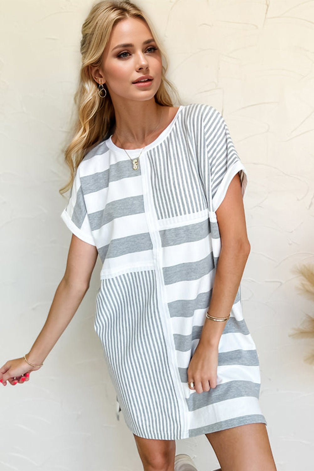 Full Size Striped Round Neck Short Sleeve Mini Tee Dress