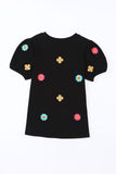 Embroidered Flower Round Neck Puff Sleeve Top - PD SECRET REALM