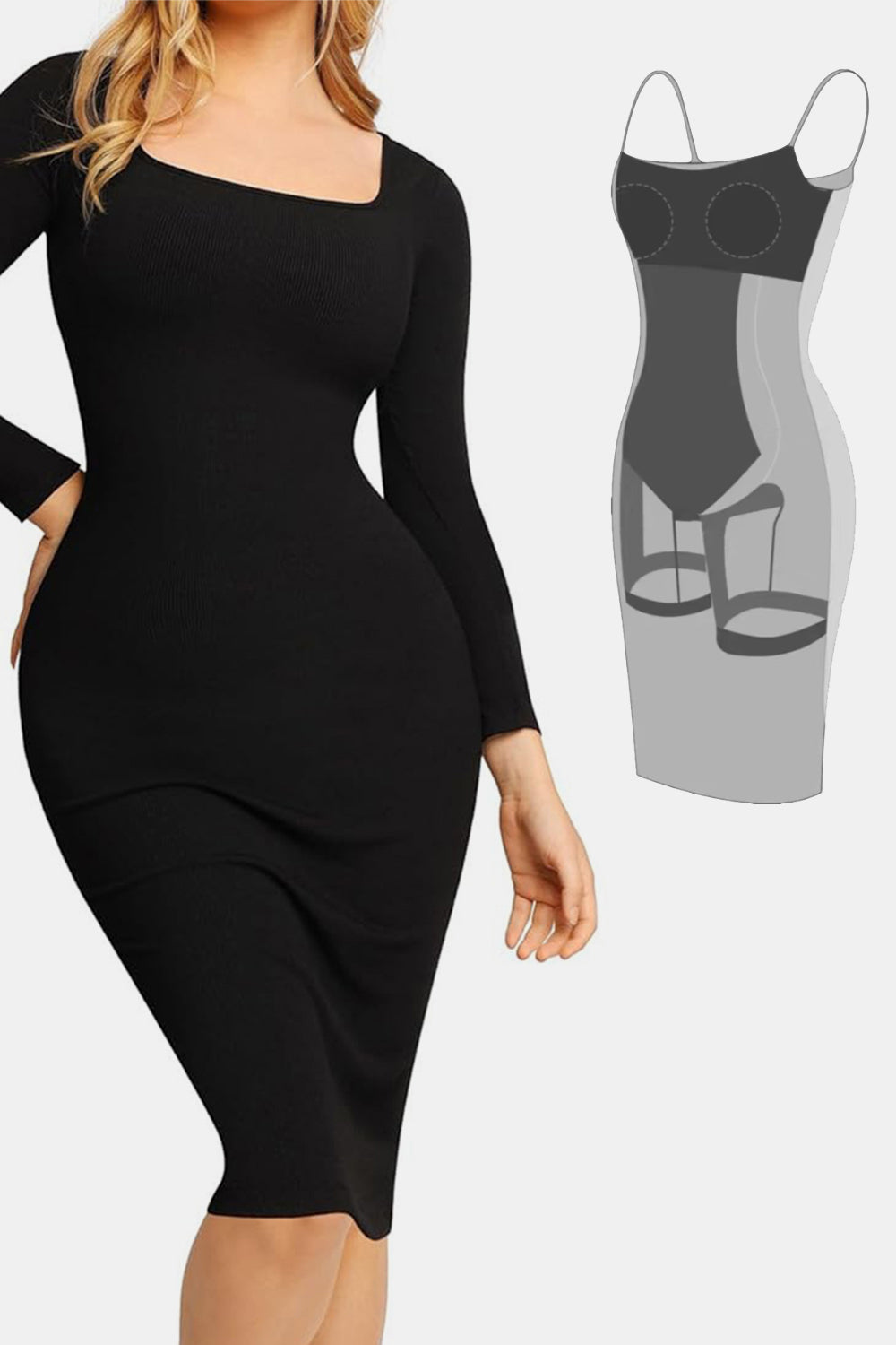 Full Size Built-In Shapewear Square Neck Long Sleeve Dress