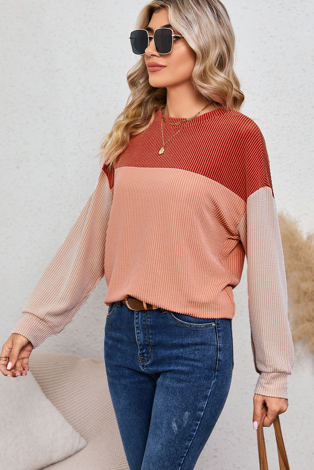 Khaki Color Block Ribbed Loose Long Sleeve Top