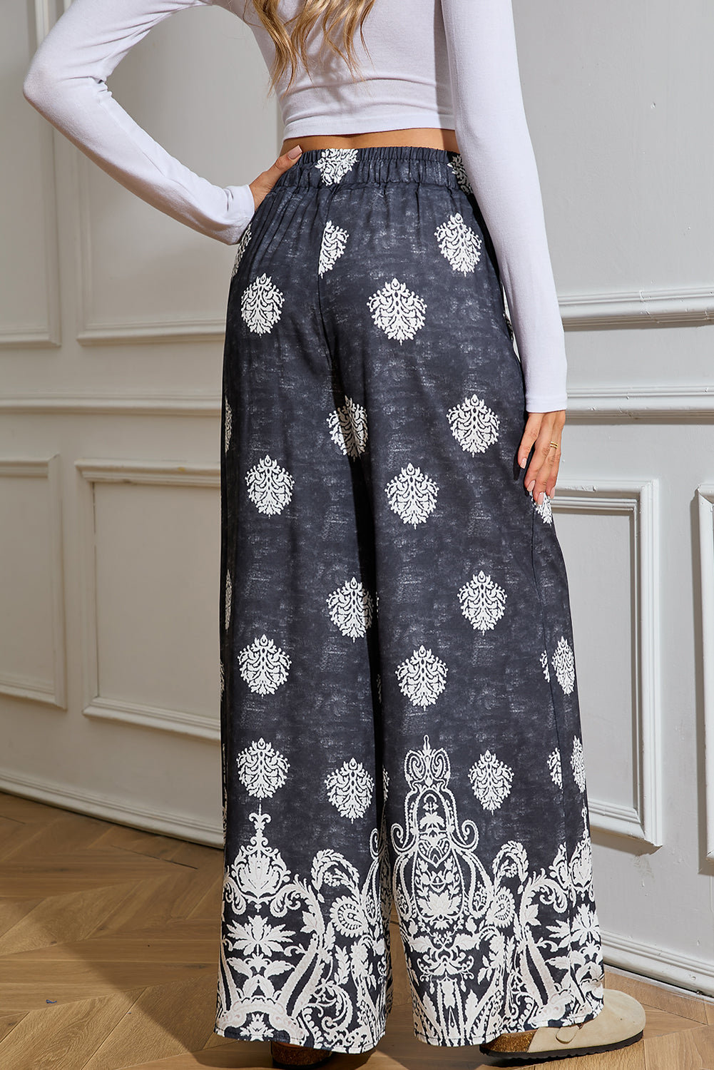 Black Bohemian Print Drawstring Waist Wide Leg Pants