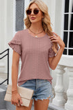 Eyelet Round Neck Petal Sleeve T-Shirt - PD SECRET REALM