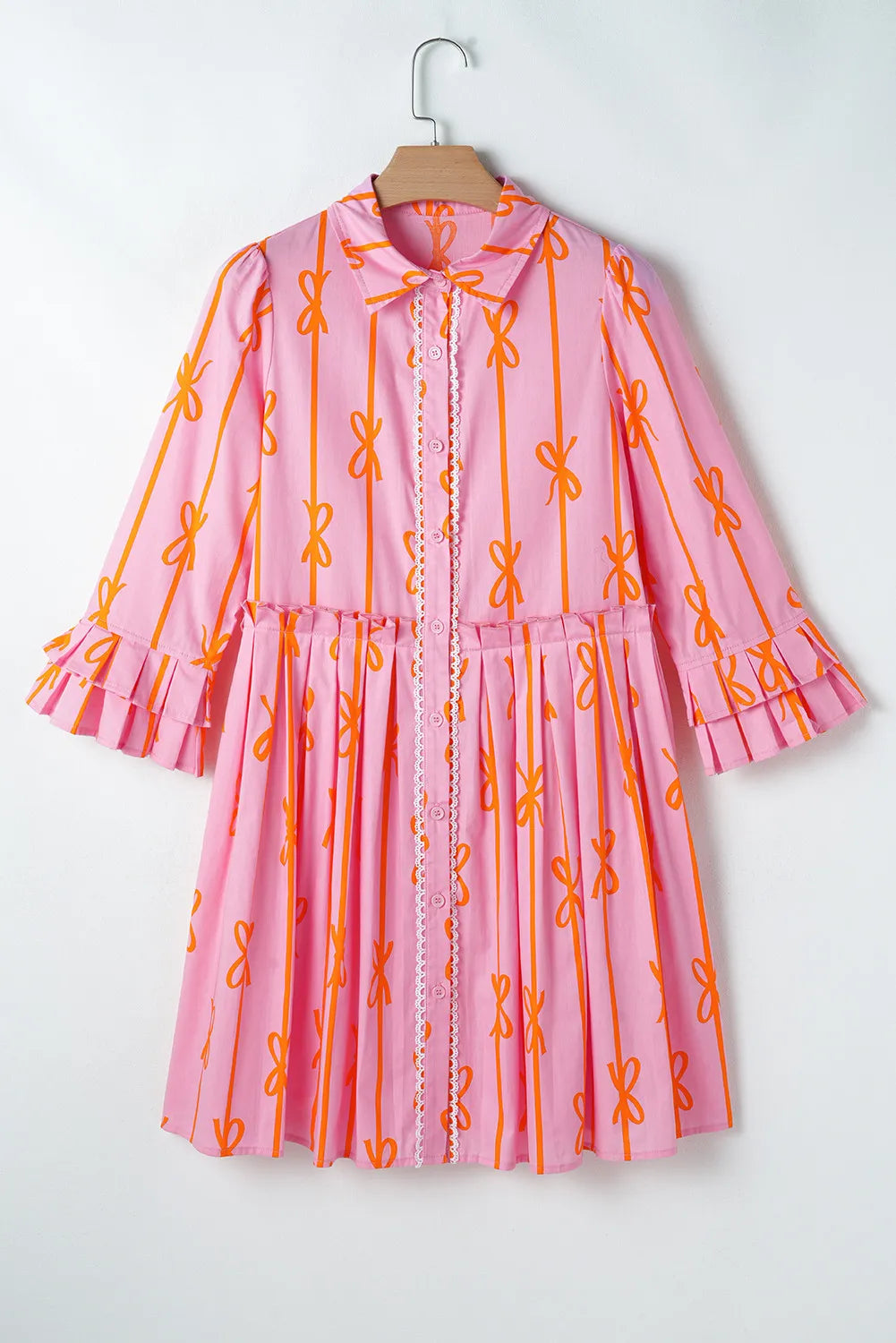 Ruffled Bow Printed Three-Quarter Sleeve Shirt Dress