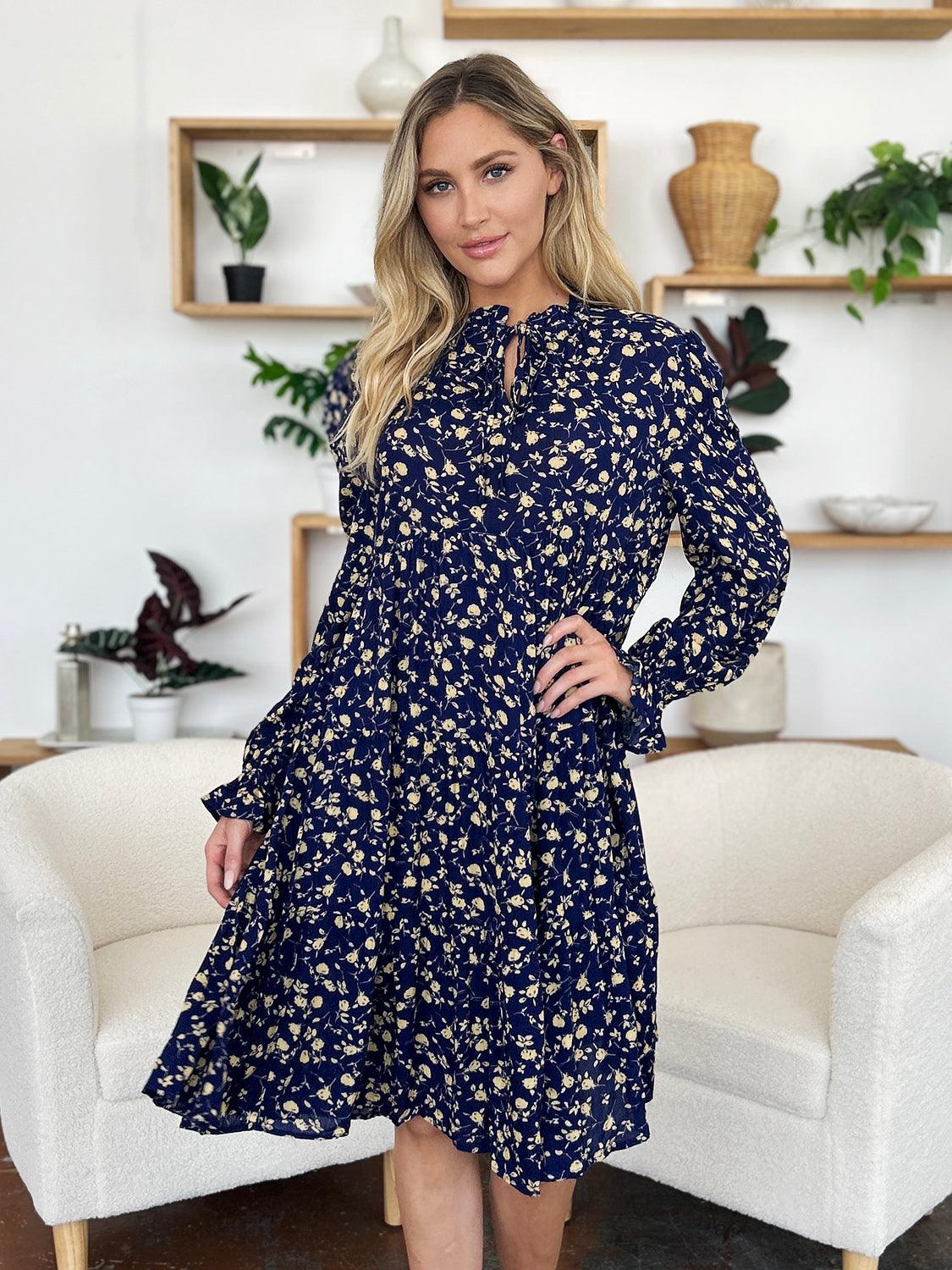 Full Size Printed Ruffle Hem Long Sleeve Tiered Dress