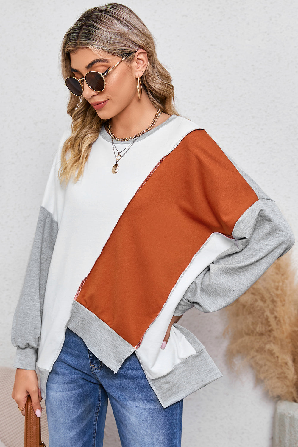 Khaki Colorblock Stitching Irregular Hem Long Sleeve Top