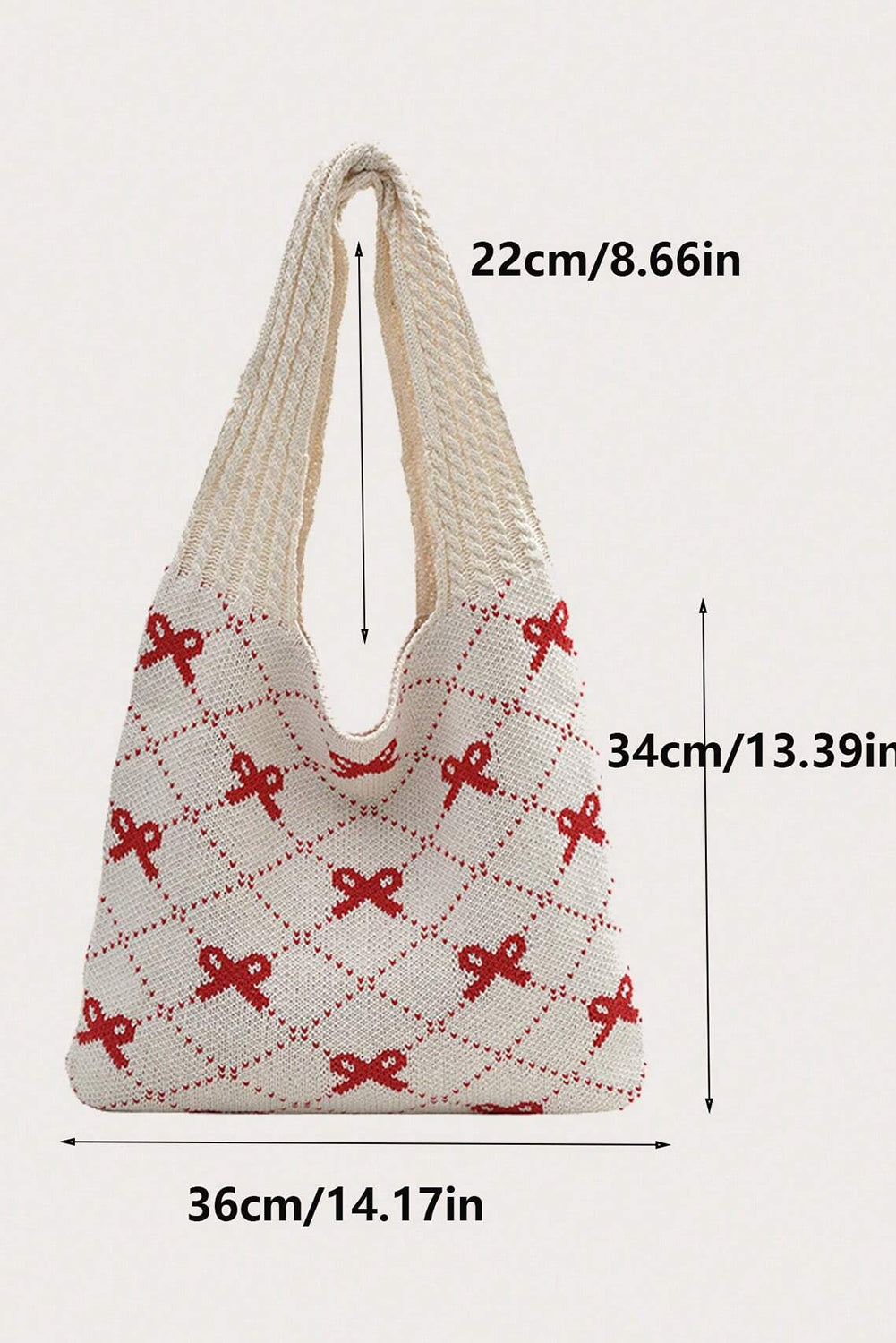 Fiery Red Bow Argyle Pattern Cable Knit Shoulder Bag