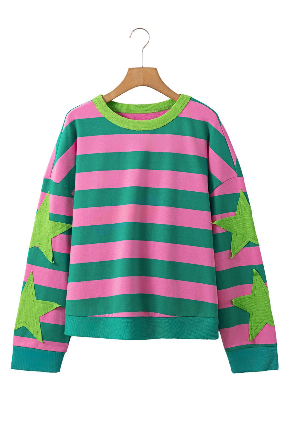 Pink Stripe Star Patchwork Round Neck Pullover Sweatshirt