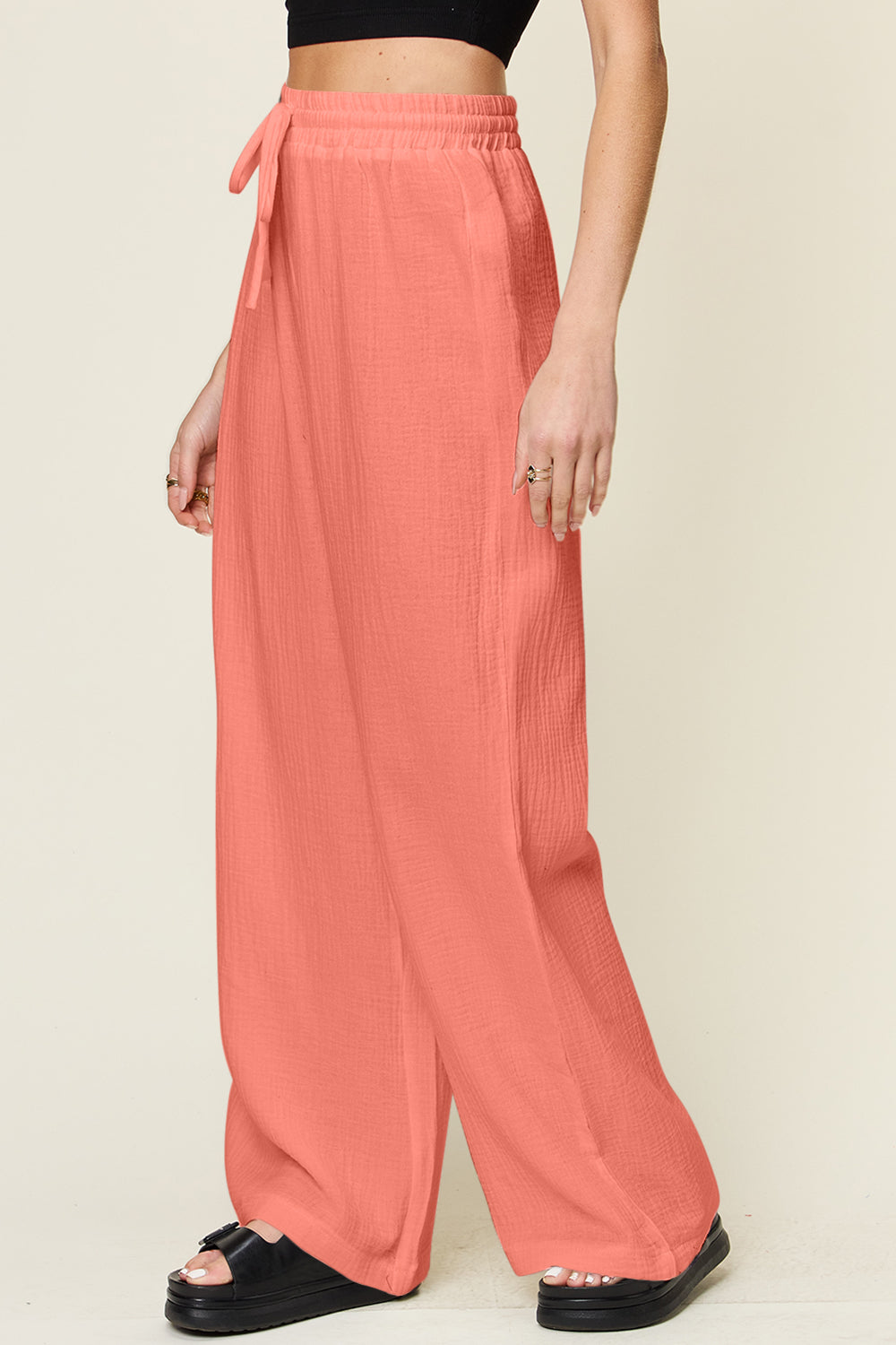 Full Size Texture Drawstring Wide Leg Pants