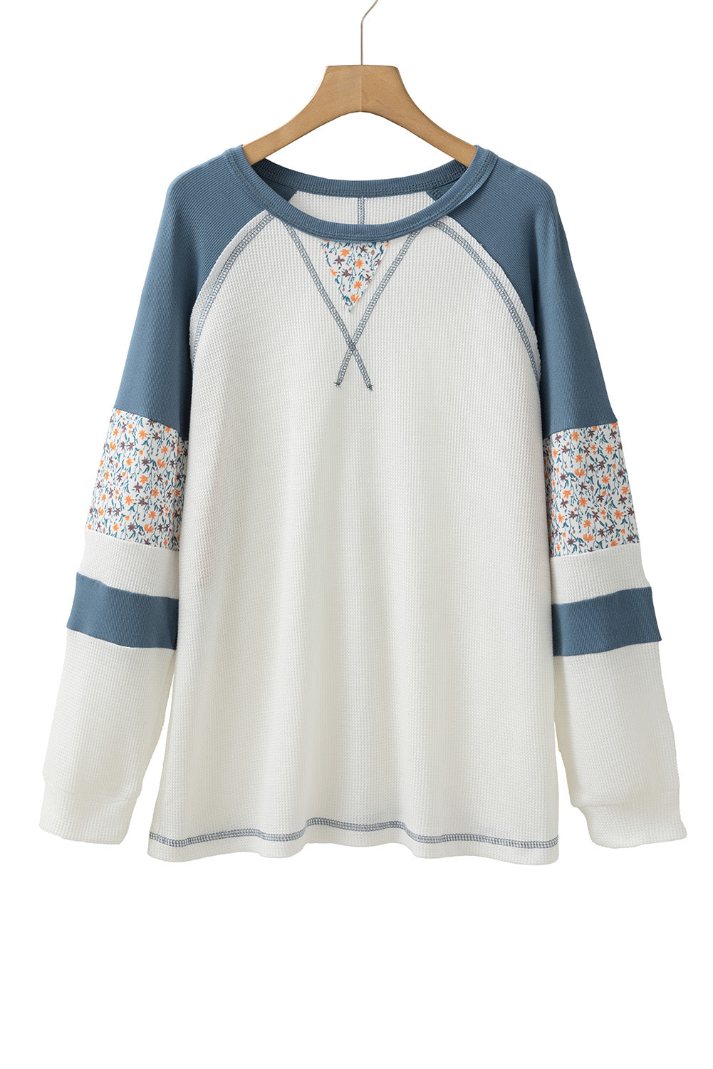 White Waffle Floral Patchwork Raglan Sleeve Exposed Seam Top