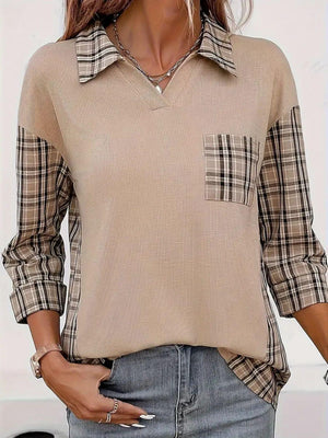 Plaid Collar Three-Quarter Sleeve T-Shirt - PD SECRET REALM