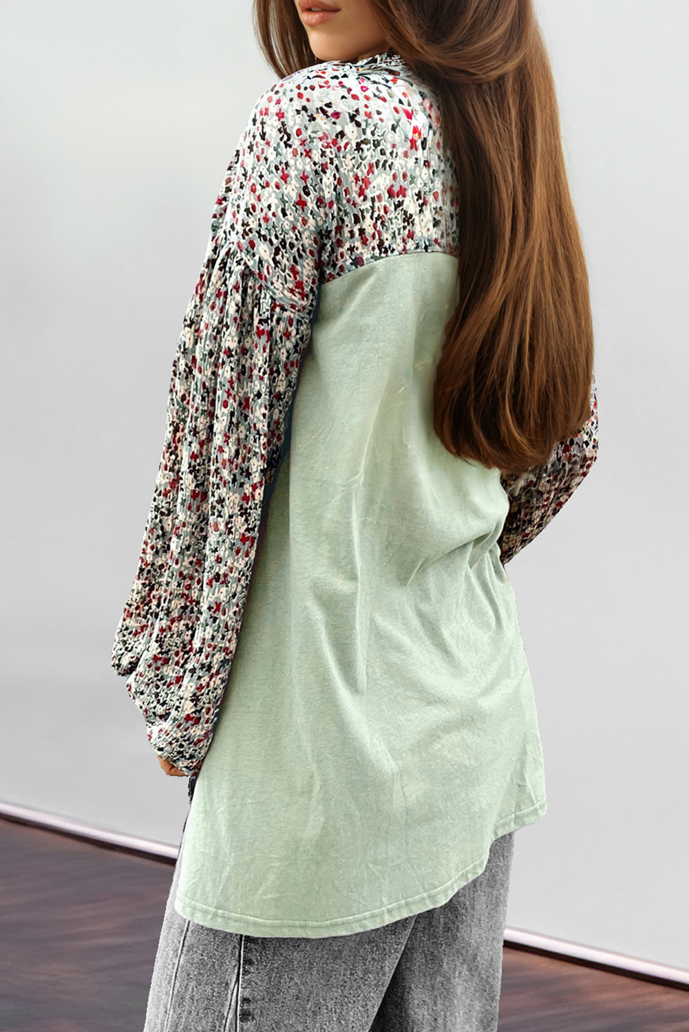 Meadow Mist Green Floral Print Bubble Sleeve Henley Loose Top